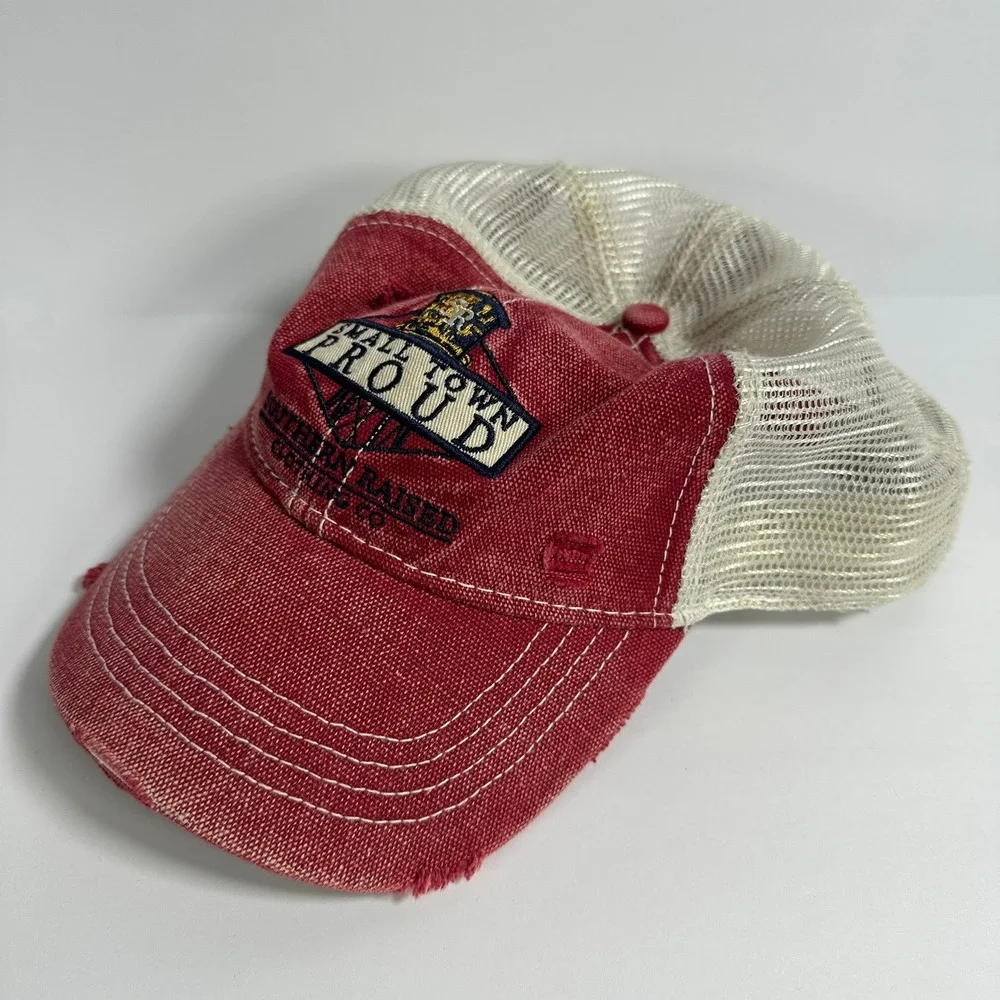 Southern Raised Small Town Proud Trucker Hat Red White Mesh Distressed‎ Kitsch